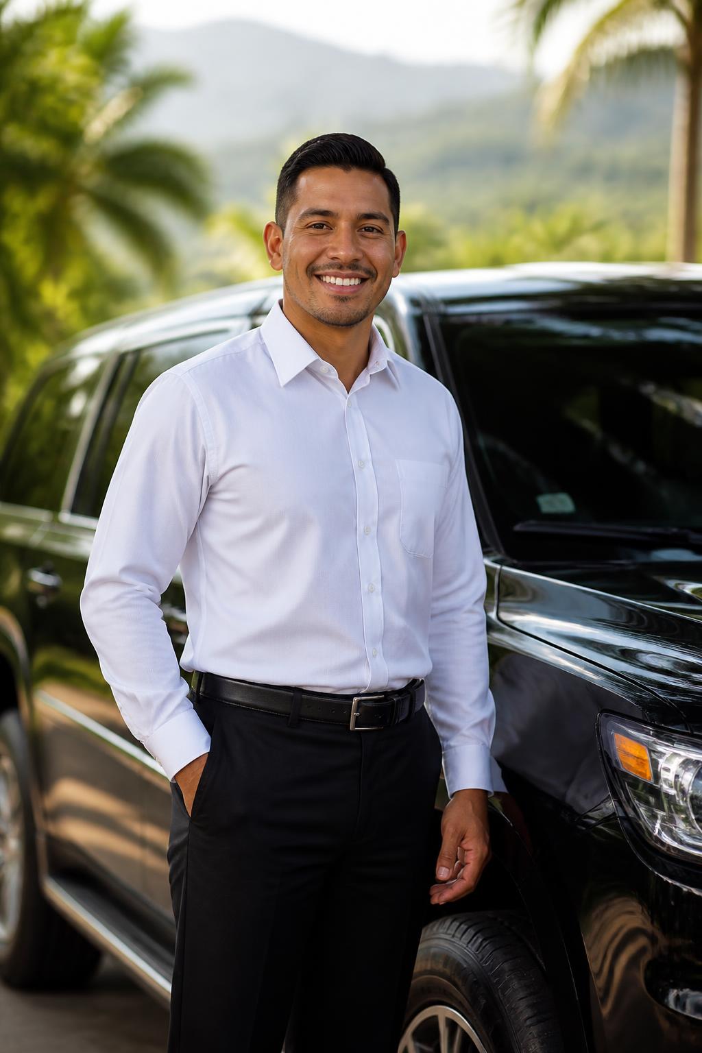 Professional driver next to executive vehicle